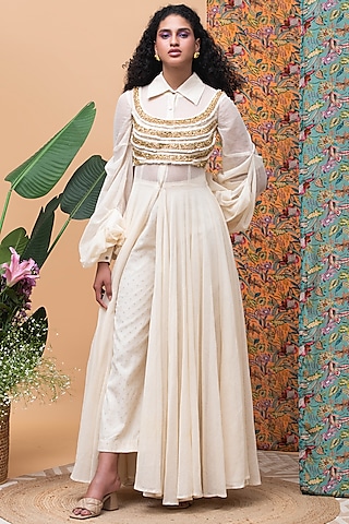 Ivory Linen Jute Cape Set by Rishi & Vibhuti