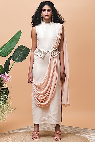 Rose Gold Linen & Georgette Dress by Rishi & Vibhuti
