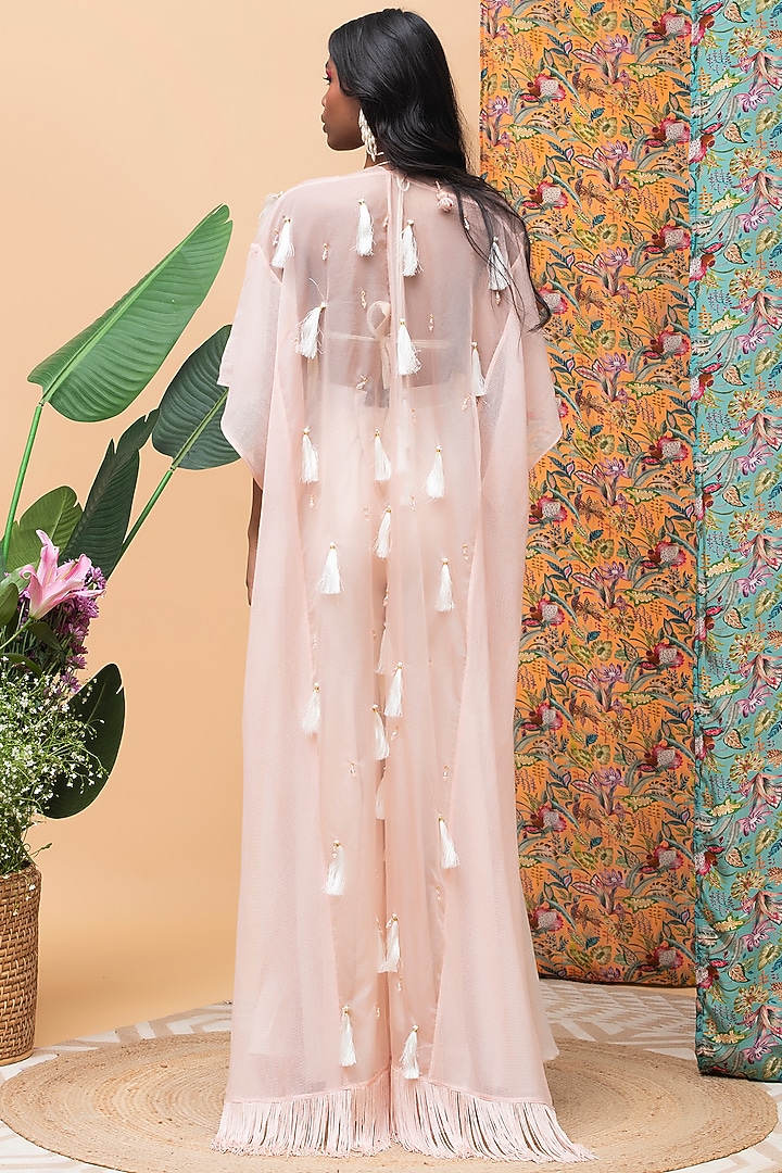 Rose Gold Linen & Organza Embellished Cape Set by Rishi & Vibhuti at Pernia's Pop Up Shop