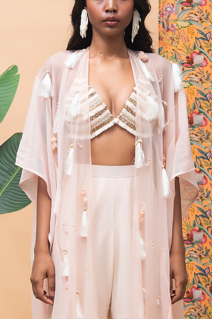 Rose Gold Linen & Organza Embellished Cape Set by Rishi & Vibhuti at Pernia's Pop Up Shop