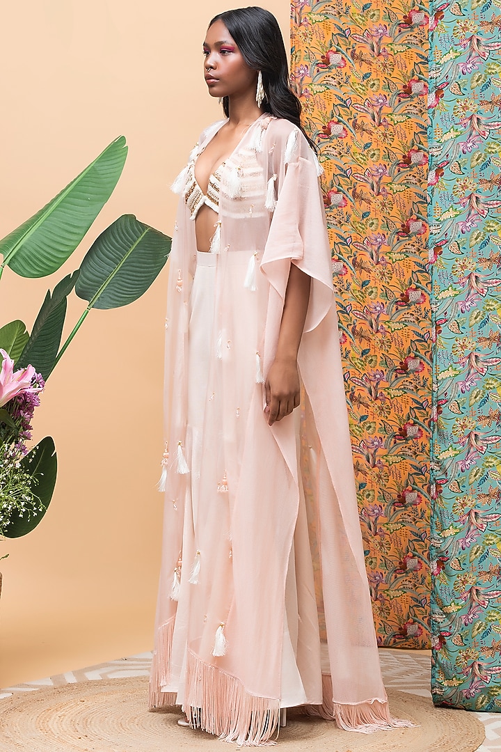 Rose Gold Linen & Organza Embellished Cape Set by Rishi & Vibhuti at Pernia's Pop Up Shop