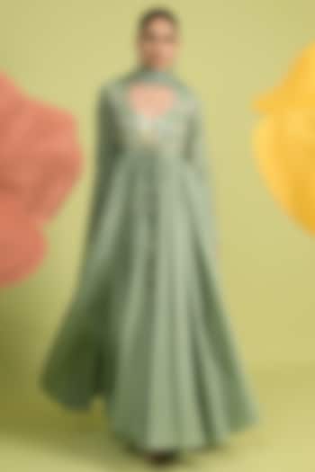 Matcha Green Chanderi & Organza Wedding Anarkali Set by Rishi & Vibhuti at Pernia's Pop Up Shop