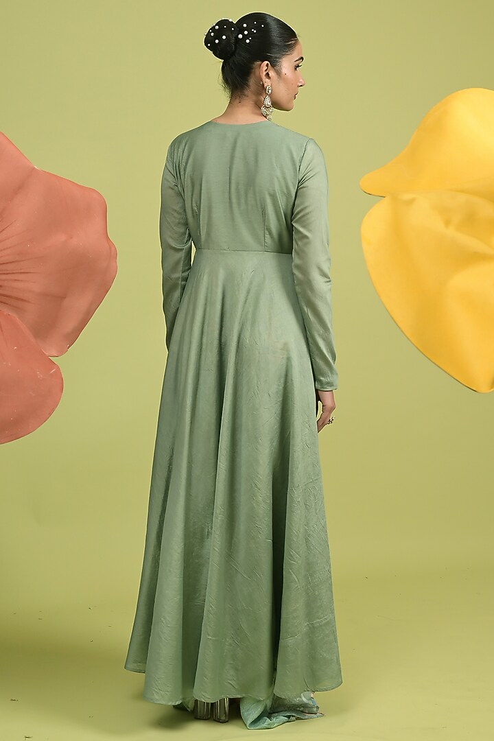 Matcha Green Chanderi & Organza Wedding Anarkali Set by Rishi & Vibhuti at Pernia's Pop Up Shop