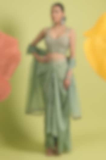 Matcha Green Chanderi & Organza Draped Skirt Set by Rishi & Vibhuti at Pernia's Pop Up Shop