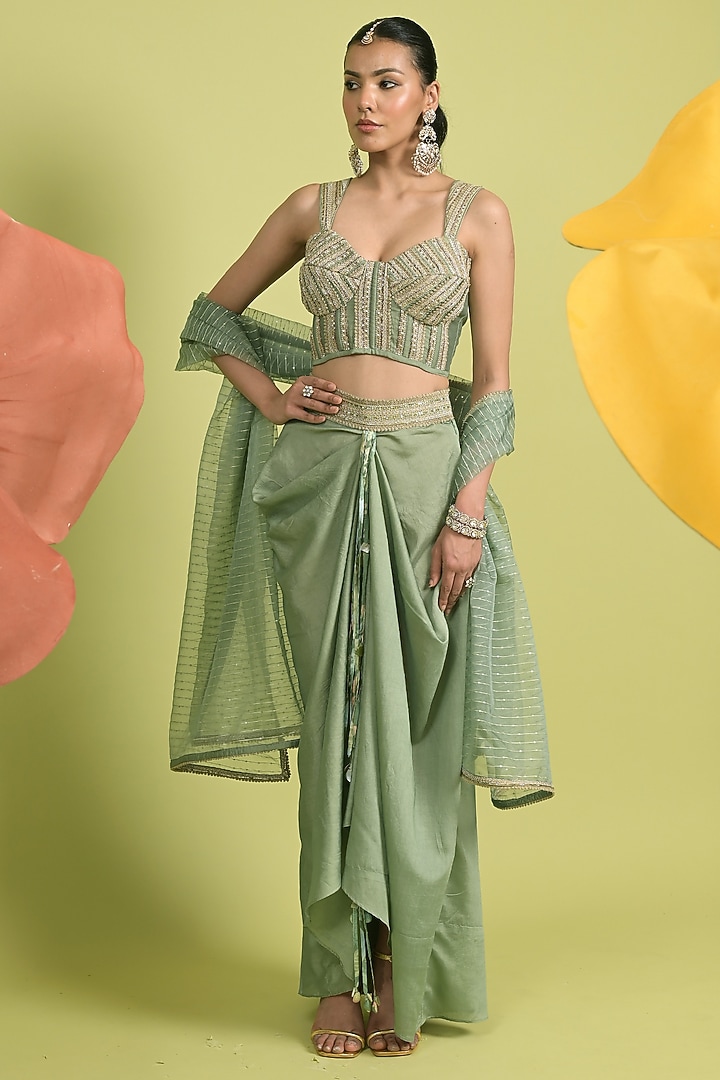 Matcha Green Chanderi & Organza Draped Skirt Set by Rishi & Vibhuti at Pernia's Pop Up Shop