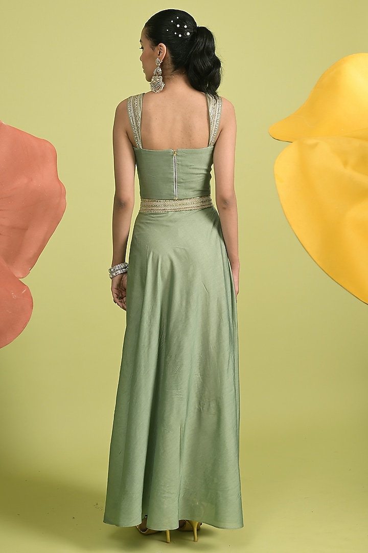 Matcha Green Chanderi & Organza Draped Skirt Set by Rishi & Vibhuti at Pernia's Pop Up Shop