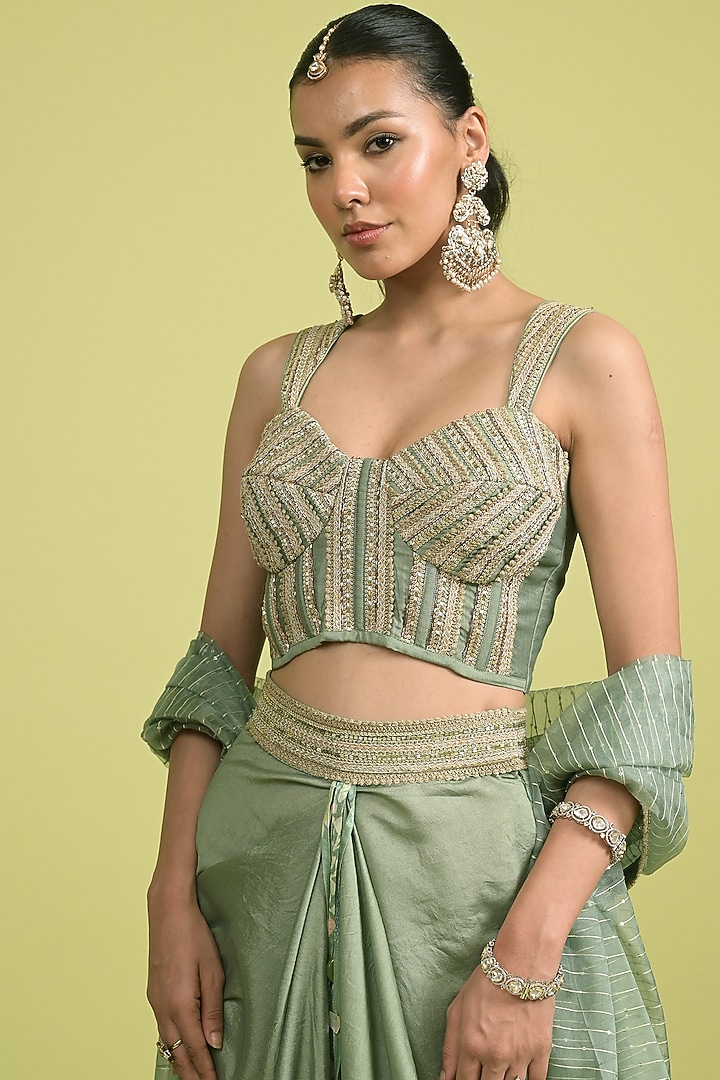 Matcha Green Chanderi & Organza Draped Skirt Set by Rishi & Vibhuti at Pernia's Pop Up Shop