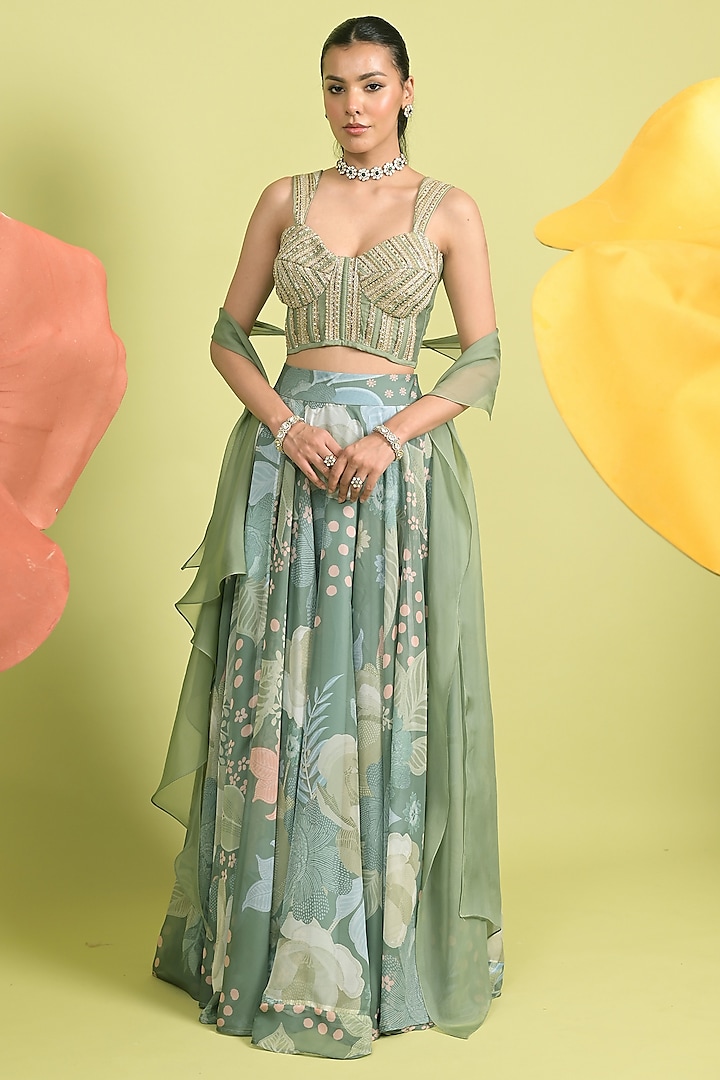 Matcha Green Chanderi & Organza Wedding Lehenga Set by Rishi & Vibhuti at Pernia's Pop Up Shop