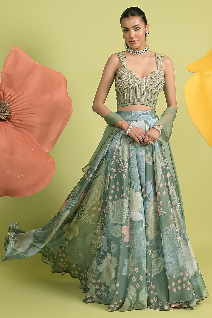 Matcha Green Chanderi & Organza Wedding Lehenga Set by Rishi & Vibhuti at Pernia's Pop Up Shop