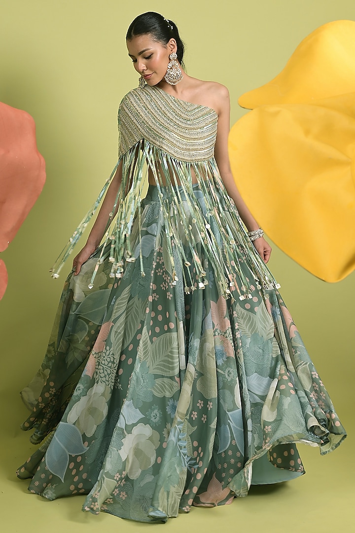 Matcha Green Organza Skirt Set by Rishi & Vibhuti at Pernia's Pop Up Shop