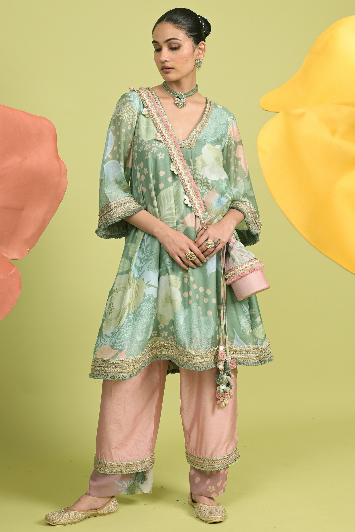 Matcha Green Soft Spun Muslin & Chanderi Kurta Set by Rishi & Vibhuti at Pernia's Pop Up Shop