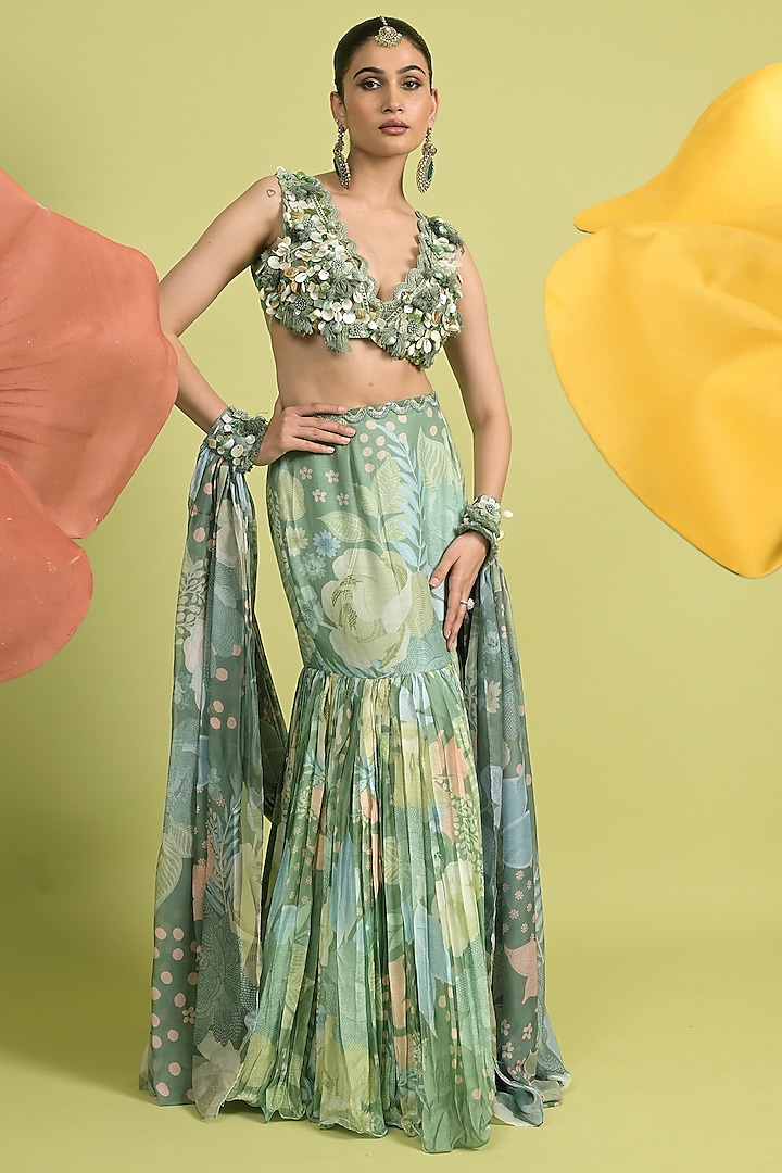 Matcha Green Soft Spun Muslin & Organza Skirt Set by Rishi & Vibhuti at Pernia's Pop Up Shop