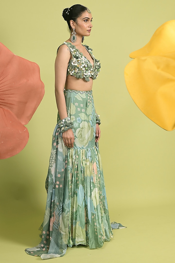 Matcha Green Soft Spun Muslin & Organza Skirt Set by Rishi & Vibhuti at Pernia's Pop Up Shop