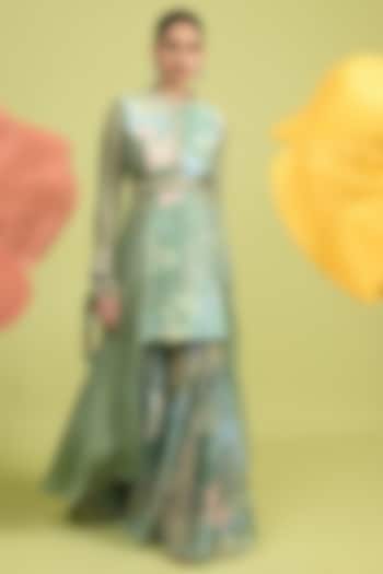 Matcha Green Soft Spun Muslin & Organza Kurta Set by Rishi & Vibhuti at Pernia's Pop Up Shop