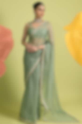 Matcha Green Chanderi & Organza Wedding Saree Set by Rishi & Vibhuti at Pernia's Pop Up Shop