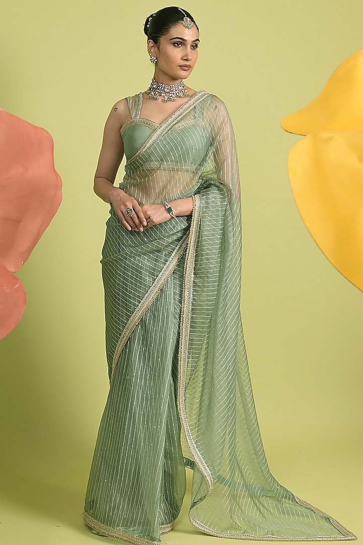 Matcha Green Chanderi & Organza Wedding Saree Set by Rishi & Vibhuti at Pernia's Pop Up Shop