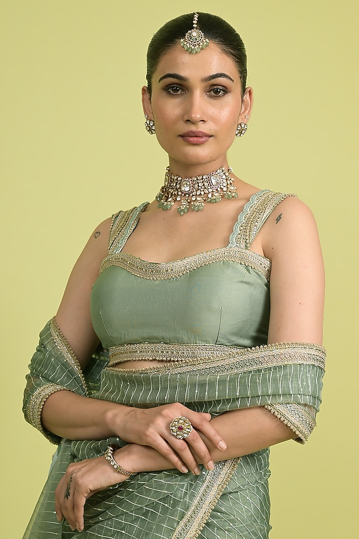 Matcha Green Chanderi & Organza Wedding Saree Set by Rishi & Vibhuti at Pernia's Pop Up Shop