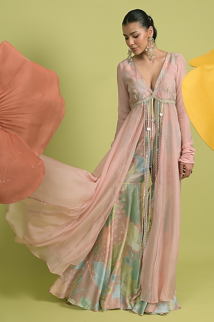 Dusty Pink Soft Spun Muslin & Organza Embellished Wedding Anarkali Set by Rishi & Vibhuti at Pernia's Pop Up Shop