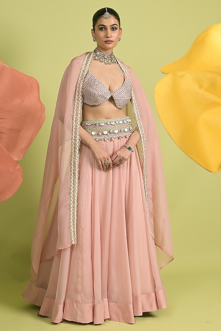 Dusty Pink Chanderi & Organza Embellished Wedding Lehenga Set by Rishi & Vibhuti at Pernia's Pop Up Shop