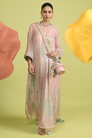 Dusty Pink Sequins Organza Embellished Kurta With Inner by Rishi & Vibhuti