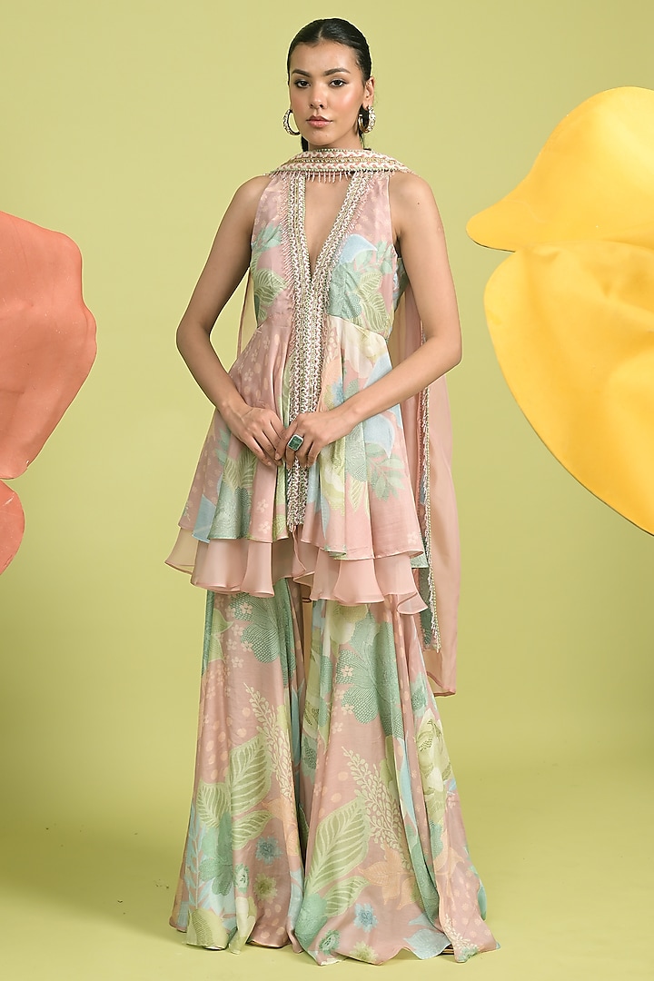 Dusty Pink Soft Spun Muslin & Organza Embellished Kurta Set by Rishi & Vibhuti at Pernia's Pop Up Shop