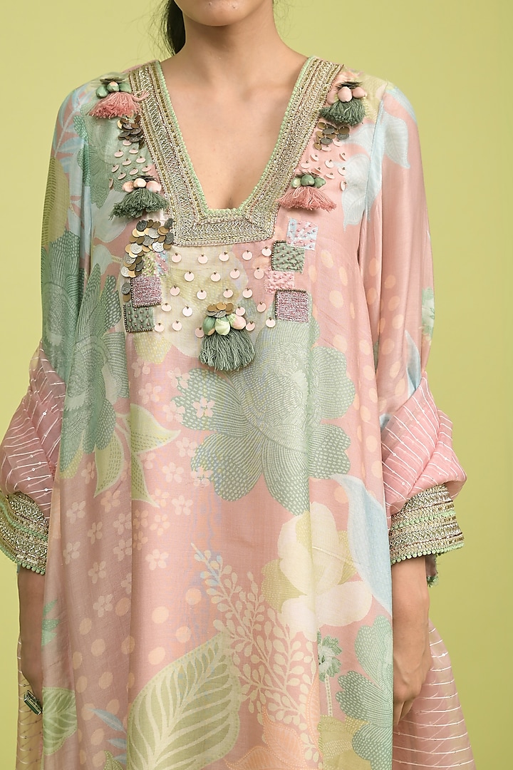 Dusty Pink Soft Spun Muslin & Sequins Organza Embroidered Choga Kurta Set by Rishi & Vibhuti at Pernia's Pop Up Shop