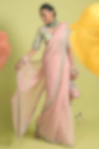 Dusty Pink Soft Spun Muslin & Organza Wedding Saree Set by Rishi & Vibhuti at Pernia's Pop Up Shop