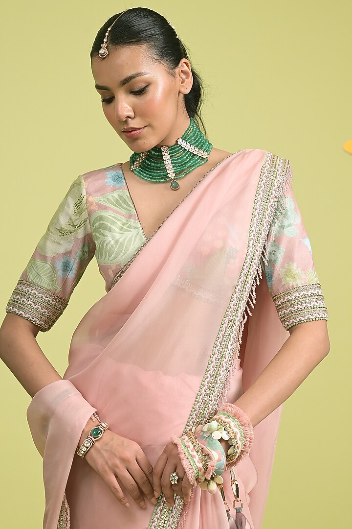 Dusty Pink Soft Spun Muslin & Organza Wedding Saree Set by Rishi & Vibhuti at Pernia's Pop Up Shop
