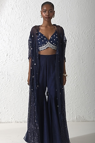 Midnight Blue Organza Cape Set by Rishi & Vibhuti