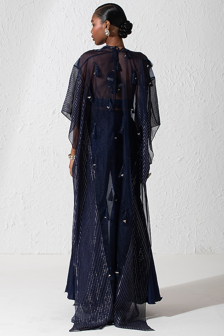 Midnight Blue Organza Cape Set by Rishi & Vibhuti at Pernia's Pop Up Shop