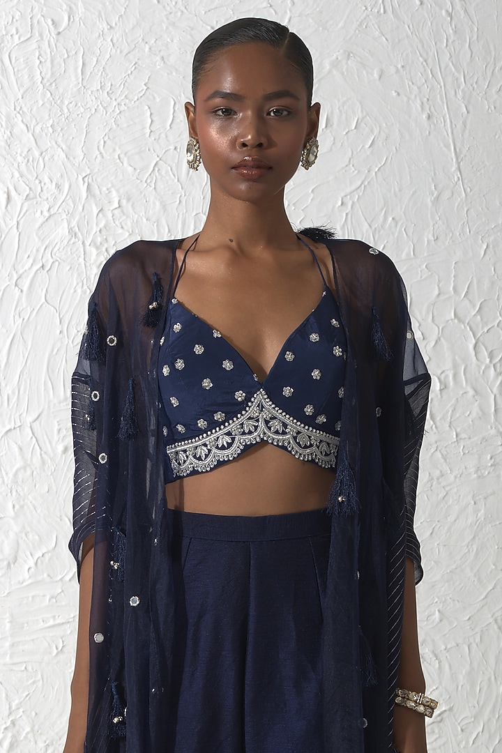 Midnight Blue Organza Cape Set by Rishi & Vibhuti at Pernia's Pop Up Shop