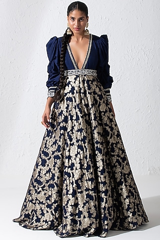 Midnight Blue Raw Silk & Georgette Hand Embroidered Gown by Rishi & Vibhuti