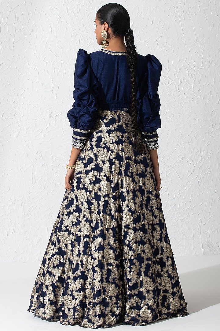 Midnight Blue Raw Silk & Georgette Hand Embroidered Engagement Gown by Rishi & Vibhuti at Pernia's Pop Up Shop