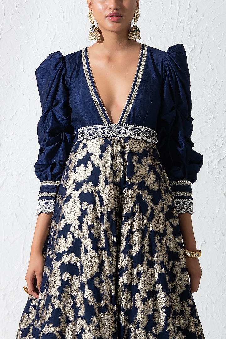 Midnight Blue Raw Silk & Georgette Hand Embroidered Engagement Gown by Rishi & Vibhuti at Pernia's Pop Up Shop