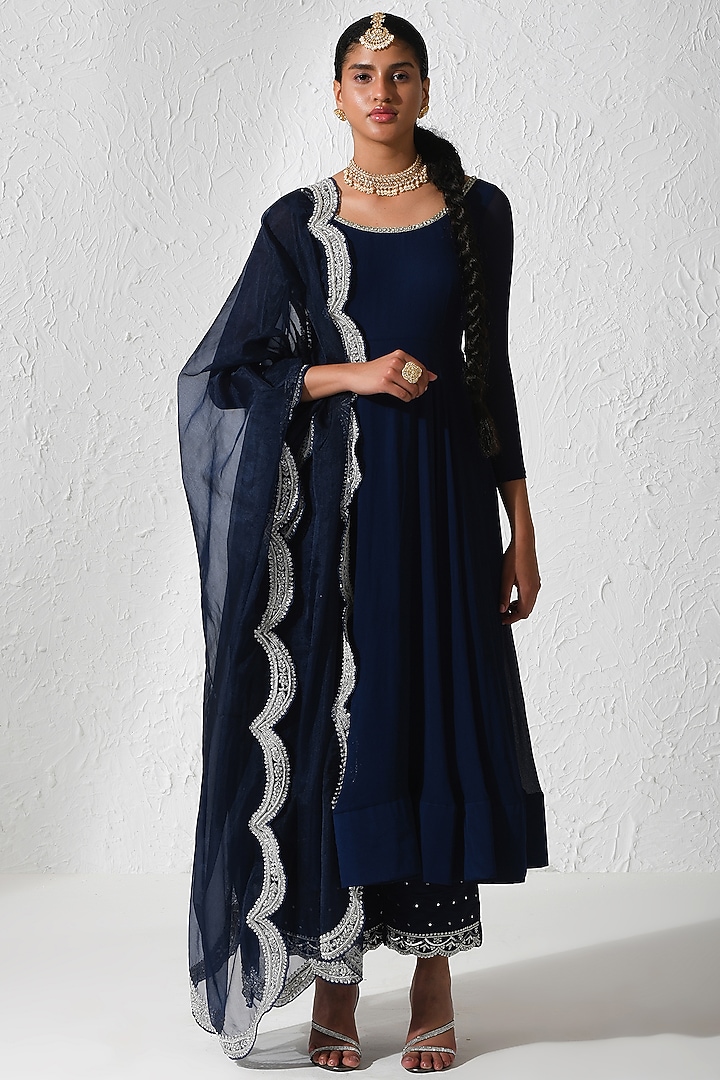 Midnight Blue Georgette Wedding Anarkali Set by Rishi & Vibhuti at Pernia's Pop Up Shop