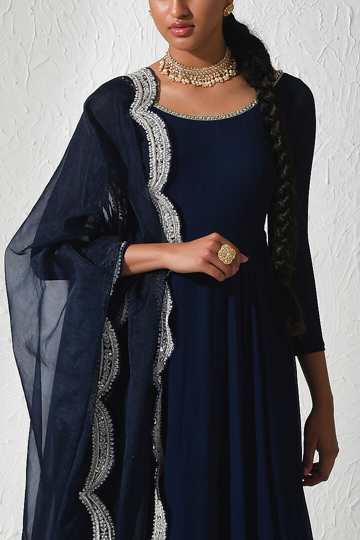 Midnight Blue Georgette Wedding Anarkali Set by Rishi & Vibhuti at Pernia's Pop Up Shop