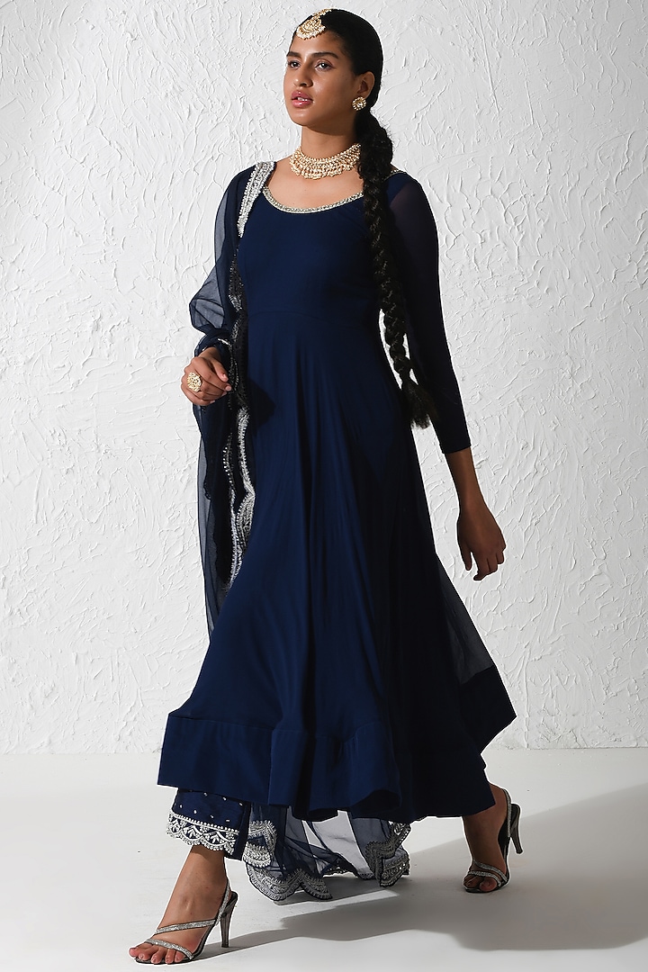 Midnight Blue Georgette Wedding Anarkali Set by Rishi & Vibhuti at Pernia's Pop Up Shop