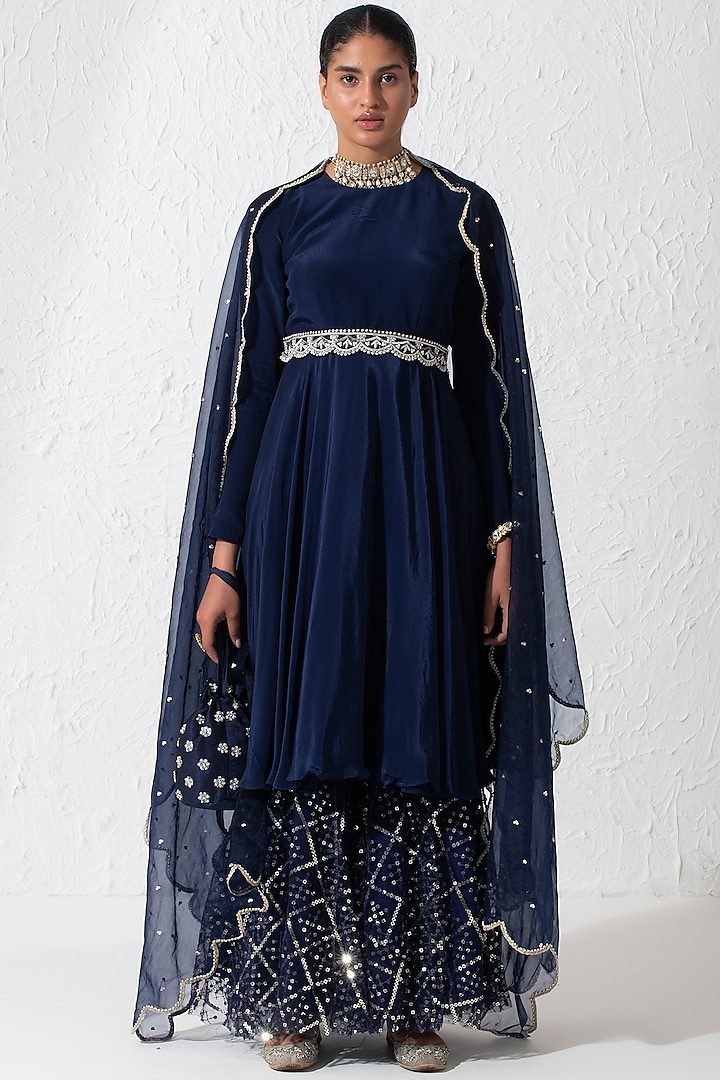 Midnight Blue Crepe & Net Embroidered Gharara Set by Rishi & Vibhuti