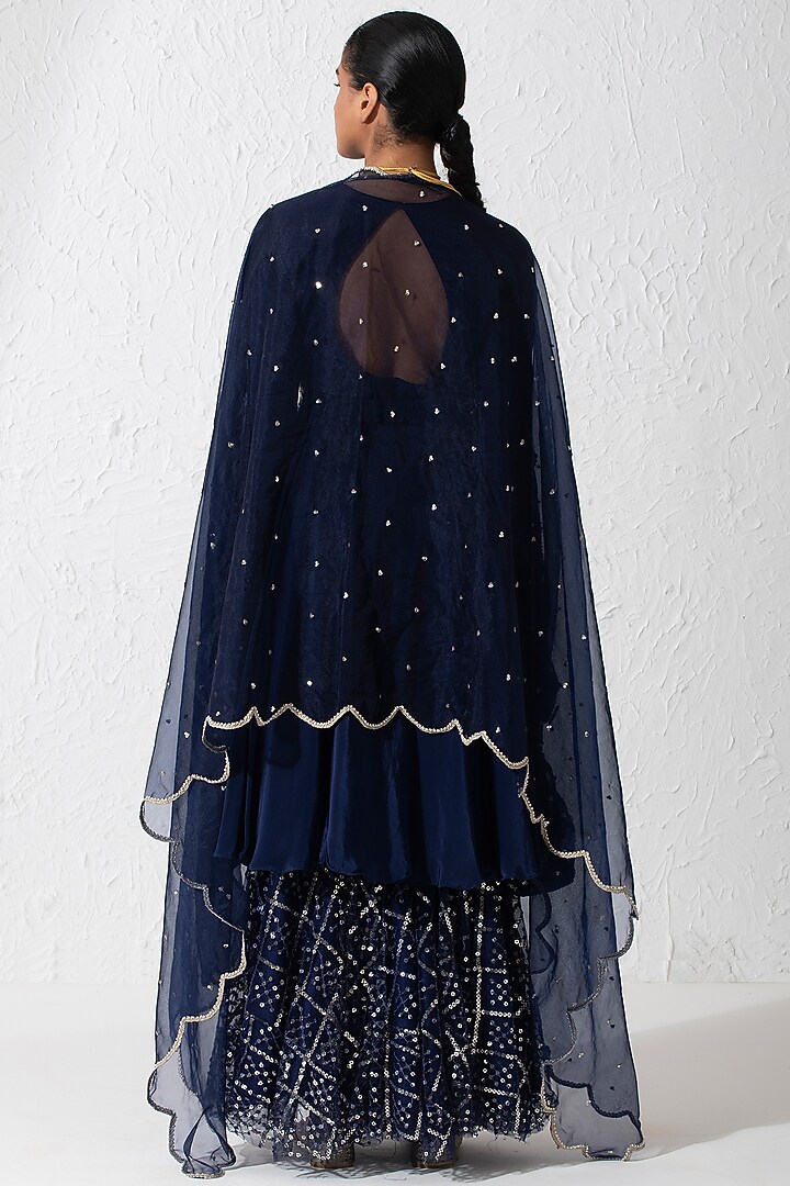 Midnight Blue Crepe & Net Embroidered Gharara Set by Rishi & Vibhuti at Pernia's Pop Up Shop