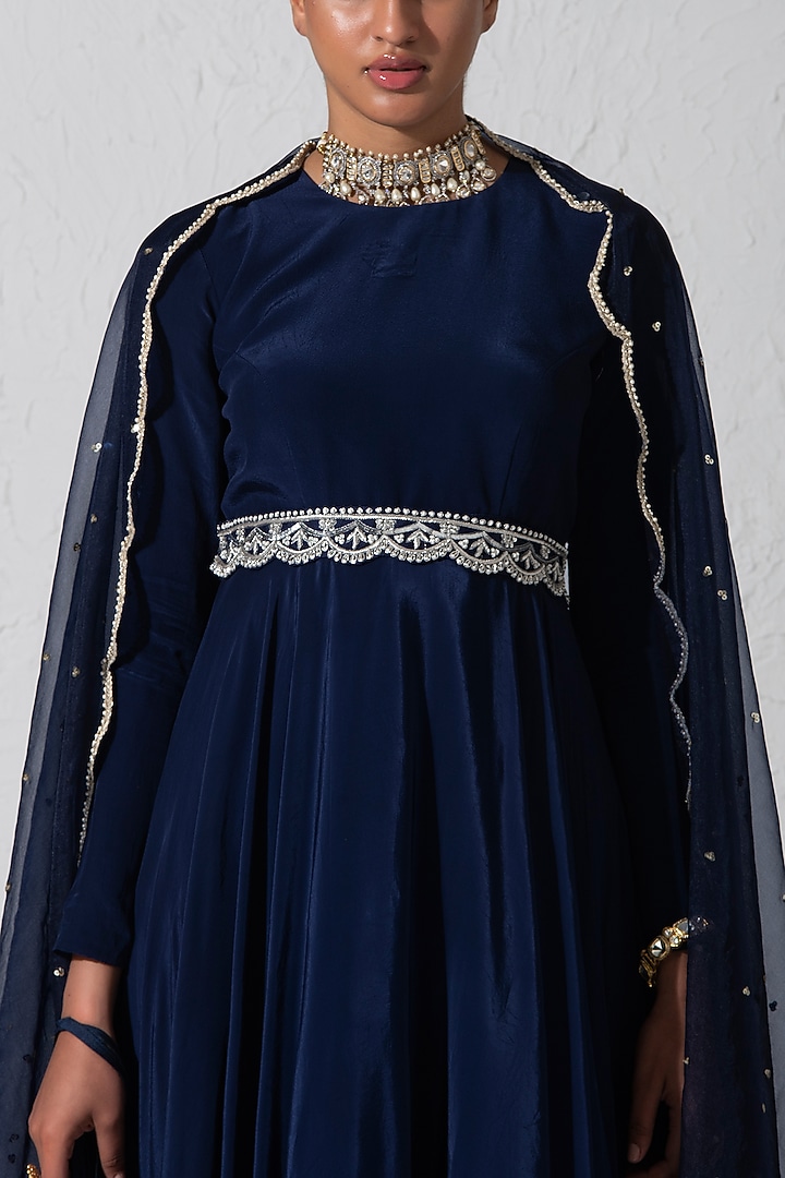 Midnight Blue Crepe & Net Embroidered Gharara Set by Rishi & Vibhuti at Pernia's Pop Up Shop