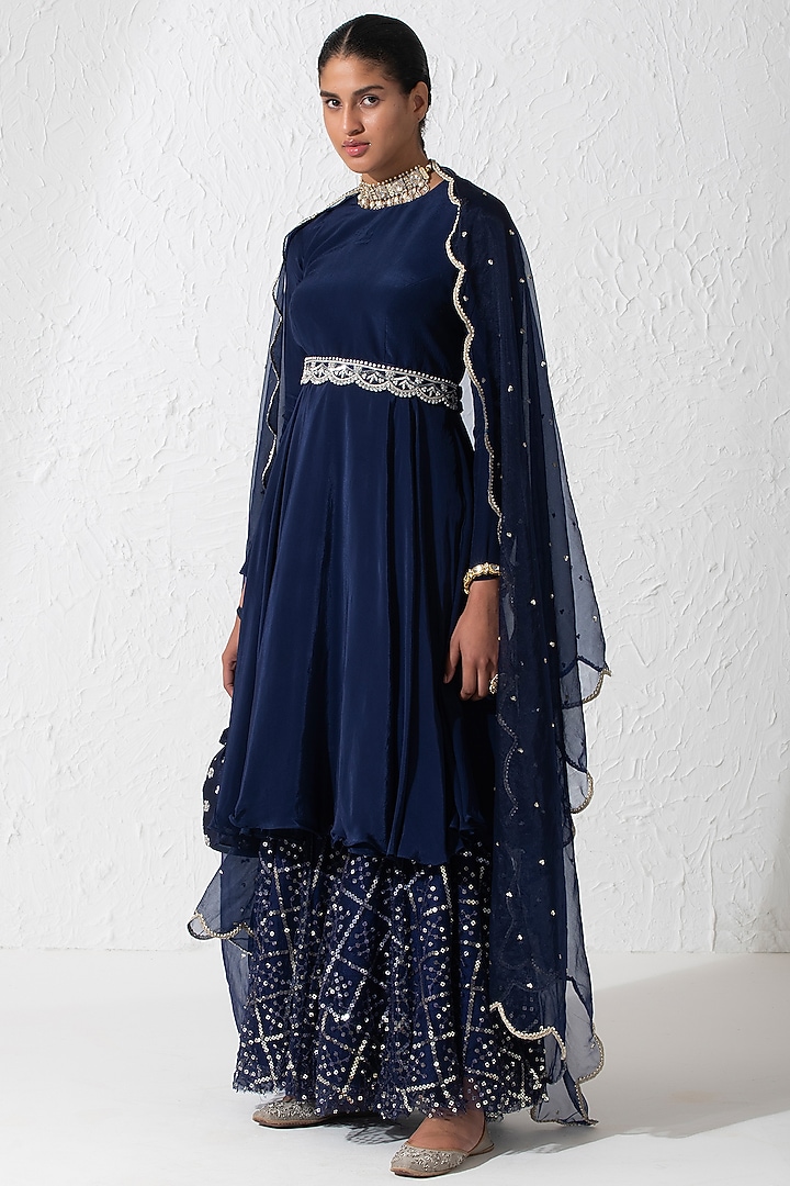 Midnight Blue Crepe & Net Embroidered Gharara Set by Rishi & Vibhuti at Pernia's Pop Up Shop
