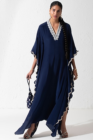 Midnight Blue Crepe Hand Embroidered Kaftan by Rishi & Vibhuti