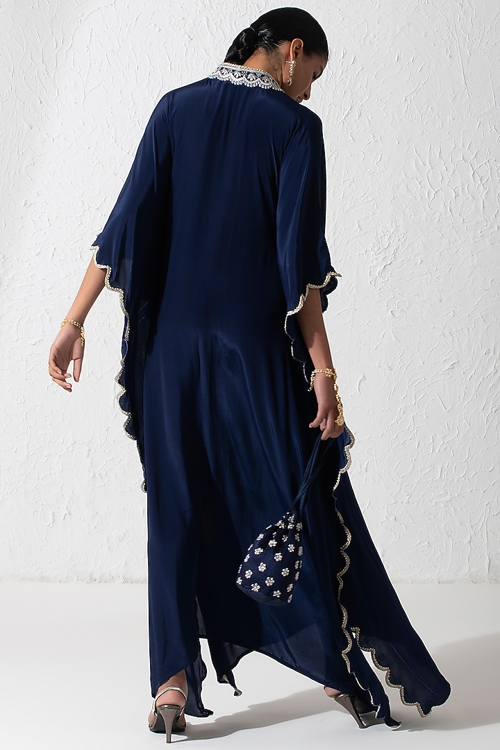 Midnight Blue Crepe Hand Embroidered Kaftan by Rishi & Vibhuti at Pernia's Pop Up Shop