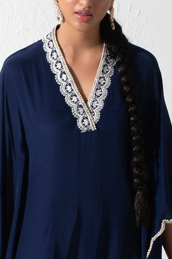 Midnight Blue Crepe Hand Embroidered Kaftan by Rishi & Vibhuti at Pernia's Pop Up Shop