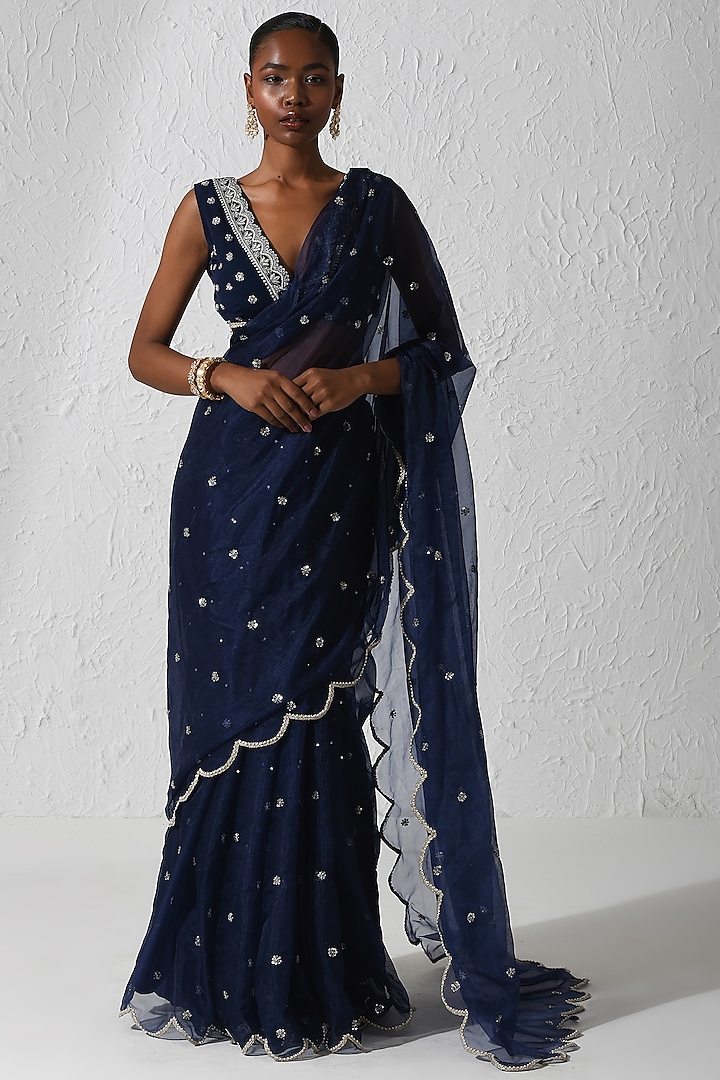 Midnight Blue Organza & Crepe Embroidered Saree Set by Rishi & Vibhuti