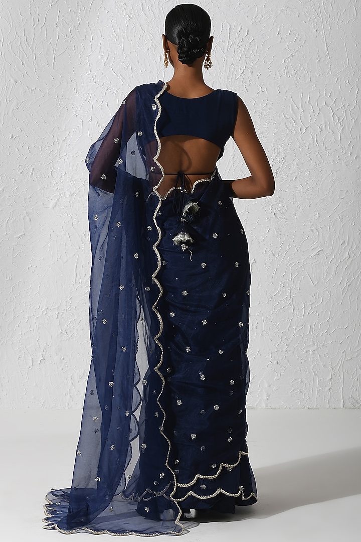 Midnight Blue Organza & Crepe Embroidered Wedding Saree Set by Rishi & Vibhuti at Pernia's Pop Up Shop
