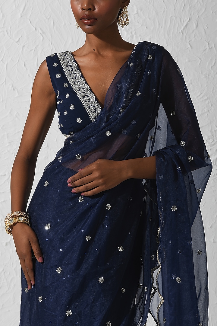 Midnight Blue Organza & Crepe Embroidered Wedding Saree Set by Rishi & Vibhuti at Pernia's Pop Up Shop