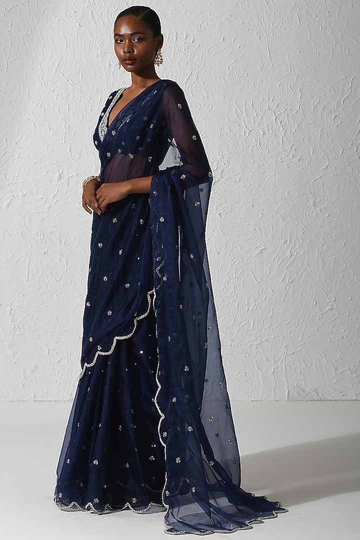 Midnight Blue Organza & Crepe Embroidered Wedding Saree Set by Rishi & Vibhuti at Pernia's Pop Up Shop