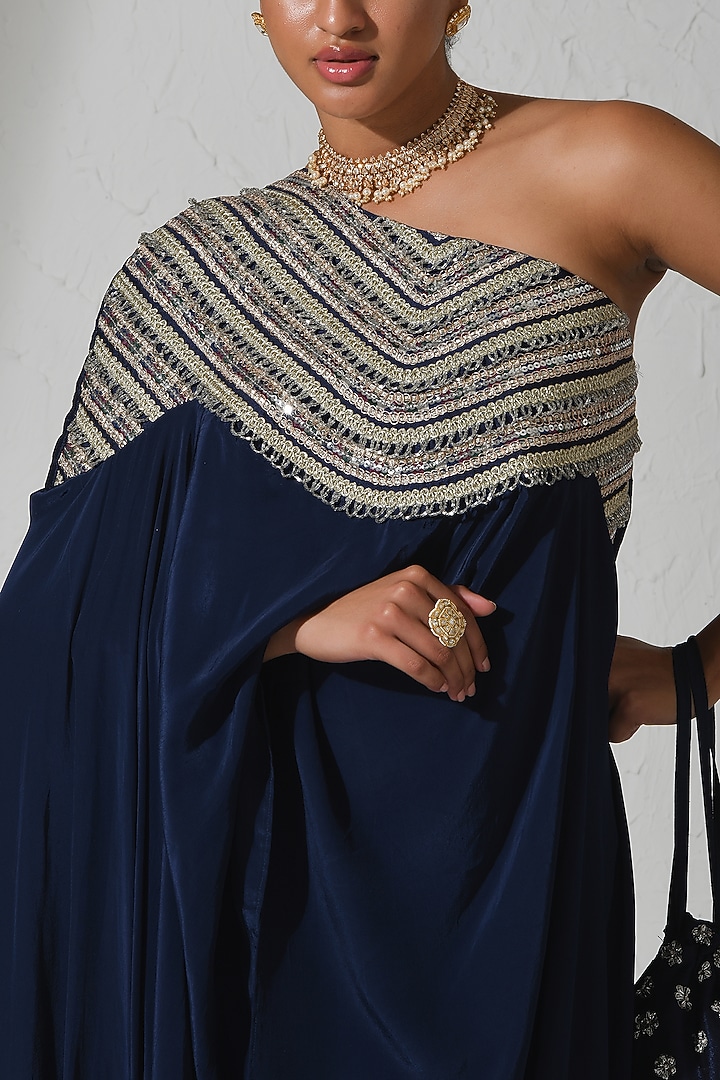 Midnight Blue Crepe Hand Embroidered Cape Set by Rishi & Vibhuti at Pernia's Pop Up Shop