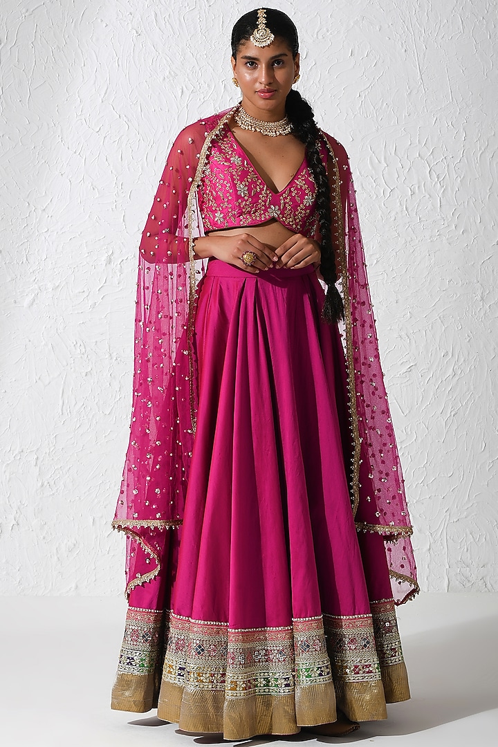 Hot Pink Raw Silk & Taffeta Embroidered Lehenga Set by Rishi & Vibhuti